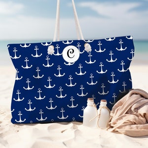 Personalisierte Nautische Anker Strand, Reise, Einkaufstasche, Urlaubstasche mit Seil Griff, Geschenk für sie, Bootstasche, Flitterwochen, Sommer
