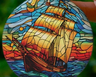 Wunderschönes Segelboot #2 Glasmalerei-Ornament, einzigartig, nautisch, Baumschmuck, Segelboot, Boot, Schiff, Bootfahren