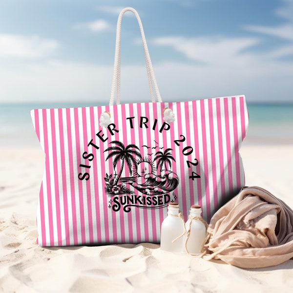 Personalized Pink Stripe Sunkissed Beach Bag, Vacation Bag with rope handle, Gift for her, Nautical Tote, Honeymoon trave, Summer Shopping