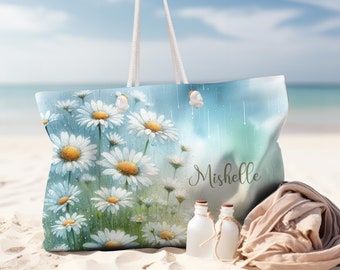 Personalized Daisies Beach Bag, Vacation Bag with rope handle, Gift for her, Nautical Tote, Honeymoon travel gift, Summer Shopping