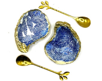 Gilded Blue Abstract Flowers Oyster Shell Salt and Pepper Cellars