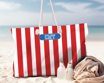 Personalisierte Strandtasche mit roten Streifen, Urlaubstasche mit Seilgriff, 4. Juli, patriotisches Geschenk, nautische Tasche, Reisegeschenk, Sommereinkauf