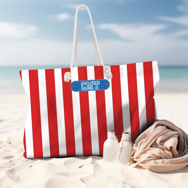 Personalized Red Stripe Beach Bag, Vacation Bag with rope handle, 4th of July, Patriotic gift, Nautical Tote, travel gift, Summer Shopping