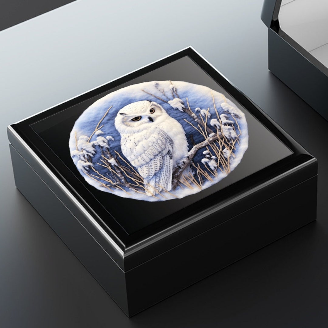 Snowy Owl Wood Jewelry Box Needlework Look Ceramic, Memory, Keepsake