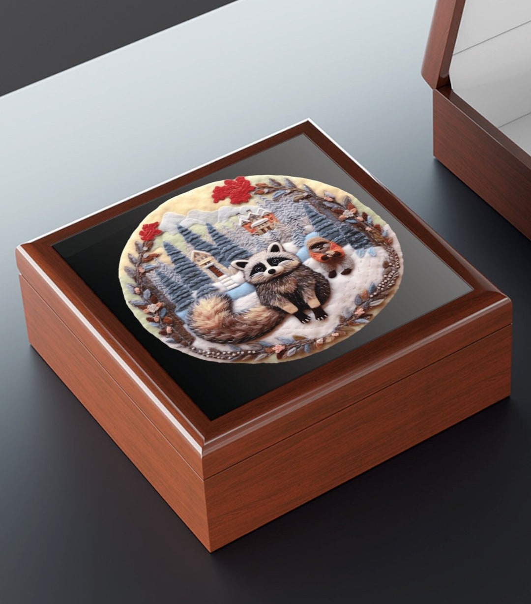 Raccoon Wood Jewelry Box Needlework Look Ceramic, Memory, Keepsake Box
