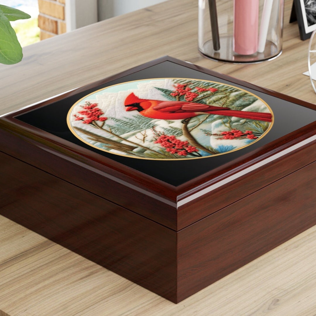 Cardinal Wood Jewelry Box Needlework Look Red Bird Ceramic Memory