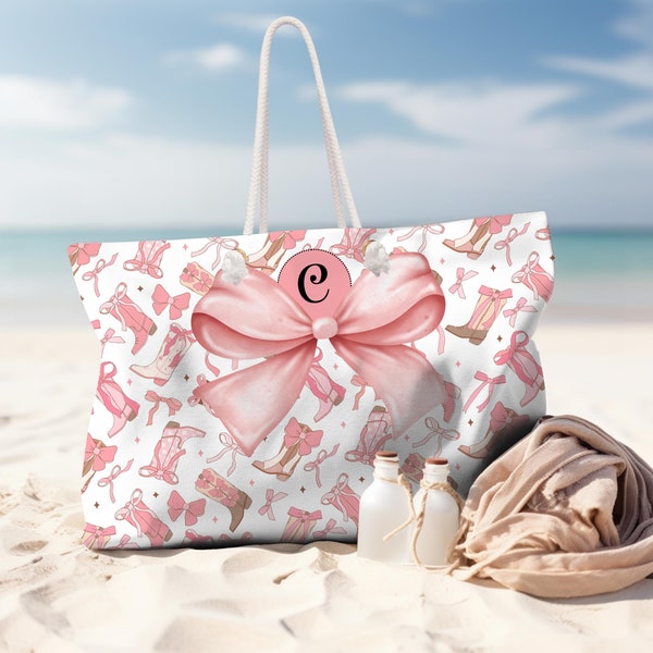 Personalized Pink Coastal Cowgirl Coquette Beach, Travel, Shopping Bag, Vacation Tote with rope handle, Gift for her, Honeymoon, Bridesmaid