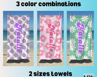 Retro Daisies Personalized Beach Towel, Custom Gifts for Honeymoon, Bridesmaids, Girls Trip, Family Vacation, Pool Party Birthday
