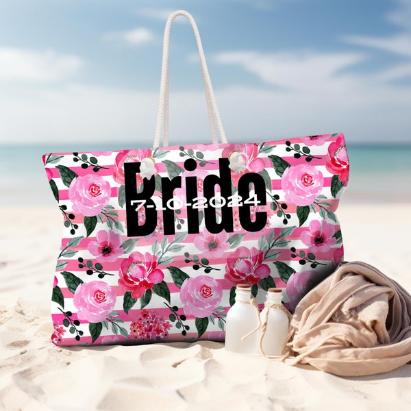 Personalized Bride & Squad Coquette Shopping Beach Bag, Bridesmaid Gift, Vacation Bag with rope handle, Gift for her, Honeymoon travel gift