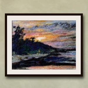Wool painting ocean. Sunset felted picture. Wool picture Hawaii wall decor. Wool ocean. Oceanscape picture. Needle felted, coastal