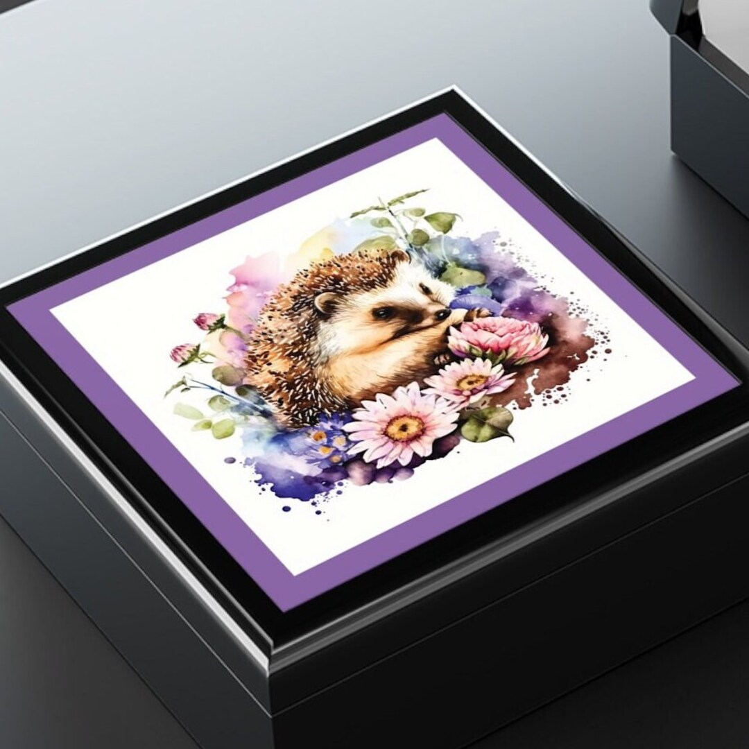 Hedgehog in Flowers Ceramic & Wooden Box, Keepsake Memory Box, Ring