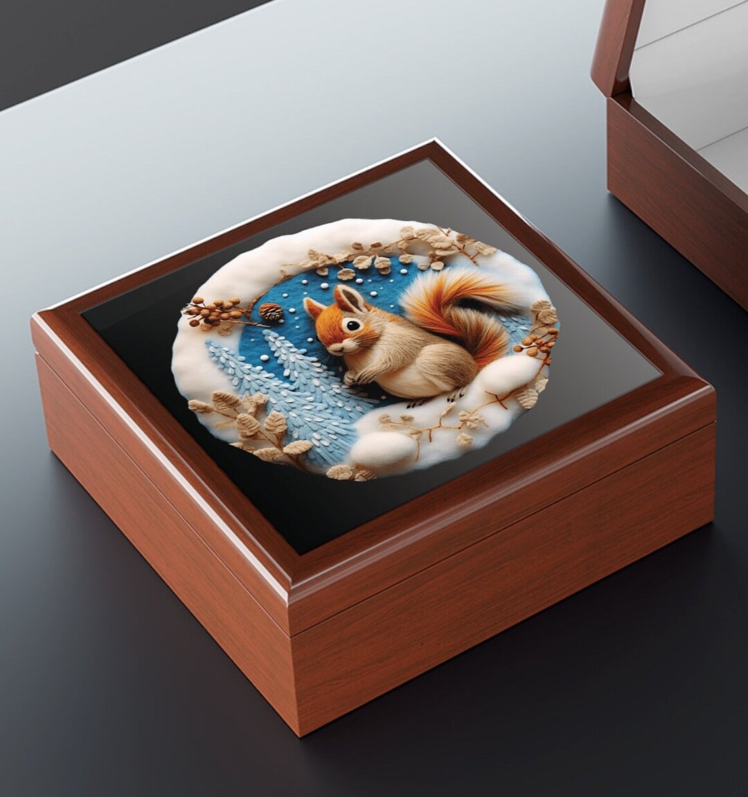 Squirrel Wood Jewelry Box Needlework Look Ceramic, Memory, Keepsake Box