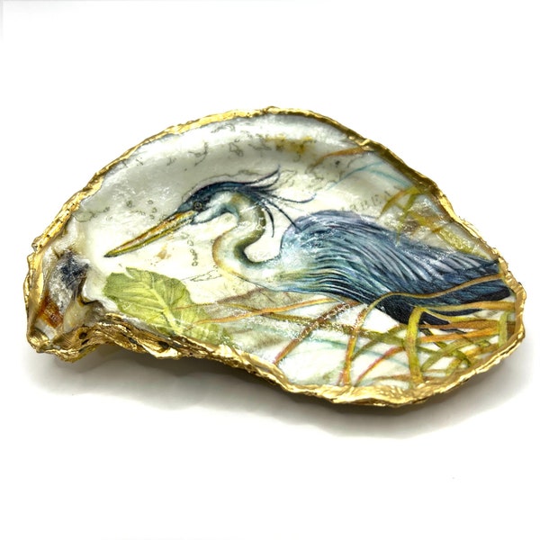 Personalized Gilded Great Blue Heron Oyster Shell, Trinket Ring Dish, Coastal Decor, Hostess Gift, Gift Boxed Bridesmaid Beach Wedding Her