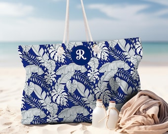 Personalized Tropical Leaves & Flowers Beach, Travel, Shopping Bag, Vacation Tote with rope handle, Nautical Gift for her, Honeymoon, Summer