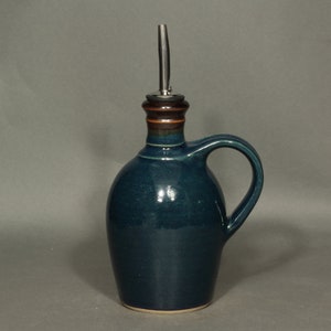 Olive Oil Dispenser, Oil Jug In Dark Blue Glaze