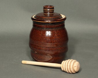 Honey Jar, Honey Pot, Ceramic Honey Pot, Honey Pot With Dipper, Honey Dipper in Teadust Glaze