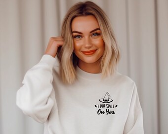 Sudadera con capucha de Halloween "Pon un hechizo en ti", sudadera de Halloween, sudadera de otoño, sudadera de otoño "Temporada espeluznante", camiseta de "Truco o trato" con cuello redondo