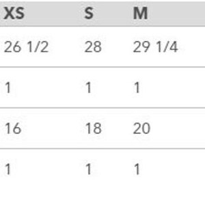 May include: Size chart showing body length and width measurements in inches for sizes XS, S, M, L, XL, and 2XL.  Each size has a tolerance of 1 inch.