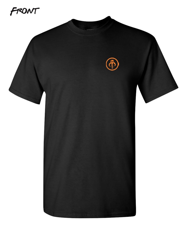 May include: Black t-shirt with an orange Mandalorian symbol on the front.