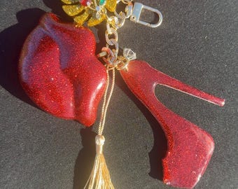 Red Lips Zipper Charm, Resin Keychain with High Heel and Tassel