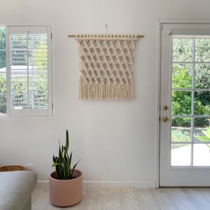 May include: A white macrame wall hanging with a diamond pattern and fringe. The hanging is mounted on a white wall with a gold rod. A potted plant is in the foreground.