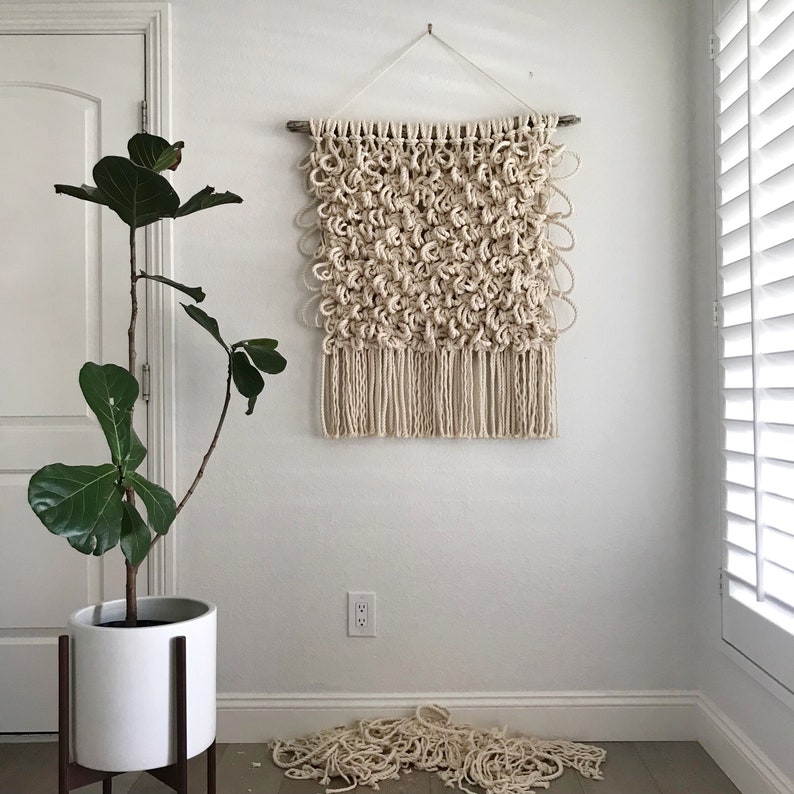 May include: A white macrame wall hanging with a fringe border. The hanging is made of thick rope and has a knot pattern. The hanging is mounted on a white wall with a green plant in a white pot in the foreground.