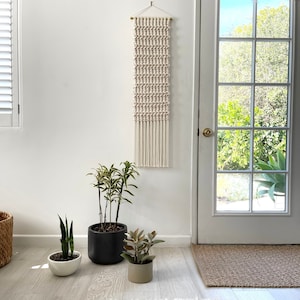 Könnte beinhalten: Drei Topfpflanzen in einem weißen Raum mit einem Makramee-Wandbehang. Die Pflanzen sind eine Schlangenpflanze, eine Dracaena und eine Sukkulente. Der Makramee-Wandbehang ist weiß und hat ein geometrisches Muster.