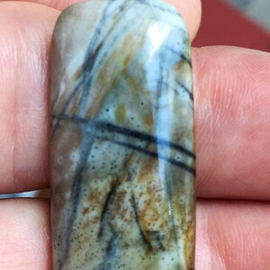 May include: A pendant featuring a polished, rectangular stone with a unique pattern of brown, gray, and white lines and speckles. The stone is attached to a silver bail.