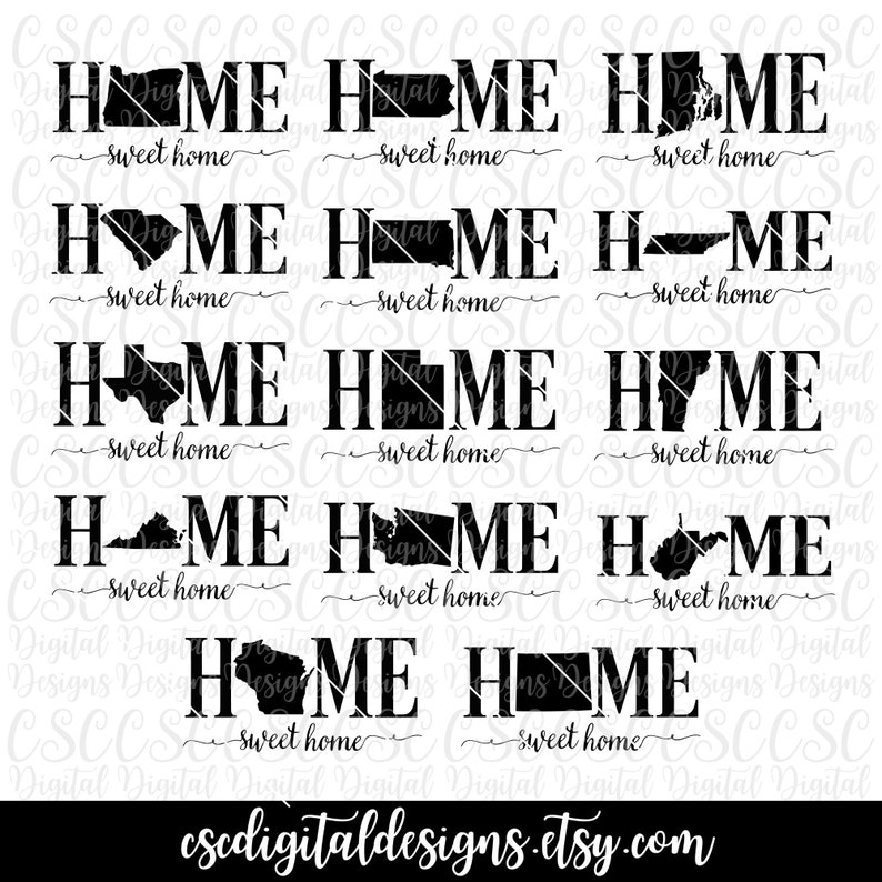 May include: A set of 10 black and white digital designs featuring the word "HOME" with a state outline inside the "O". Each design includes the text "sweet home" below the word "HOME".