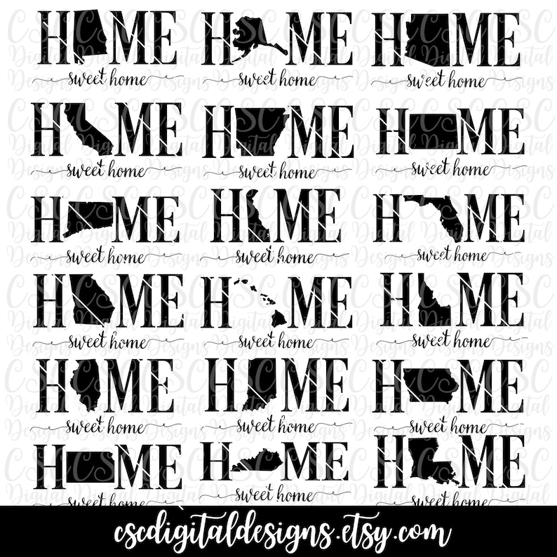 May include: A set of 12 black and white SVG cut files featuring the word "HOME" with a state outline inside the "O". Each state is different and includes the text "sweet home" below the word "HOME".