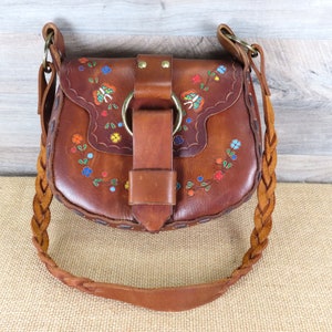 Vintage 1970's Boho Hippie Brown Leather Crossbody Bucket Purse, Hand tooled and painted in Mexico Leather w/ Floral and Butterflies