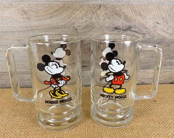 Vintage 1970's Walt Disney Productions Mickey & Minnie Mouse  Set of (2) Glass Mugs