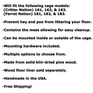 May include: Black background with white text detailing features of a cage accessory. Text includes: fits Critter and Ferret Nation cage models, prevents litter, easy cleanup, can be mounted inside or outside, and mounting hardware included.