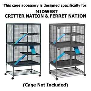 May include: Two metal pet cages with blue ramps and black platforms. The cages are designed for Midwest Critter Nation and Ferret Nation cages. The cages have a wire base and are on wheels. Text on top says "This cage accessory is designed specifically for: Midwest Critter Nation & Ferret Nation."