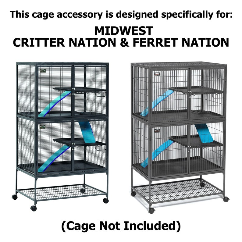 May include: Two metal pet cages with blue ramps and black platforms. The cages are designed for Midwest Critter Nation and Ferret Nation cages. The cages have a wire base and are on wheels. Text on top says "This cage accessory is designed specifically for: Midwest Critter Nation & Ferret Nation."