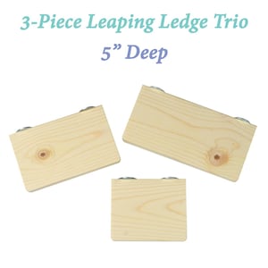 May include: Three wooden ledges, each 5 inches deep, with metal brackets. The ledges are made of natural wood and are designed for small animals to jump between.