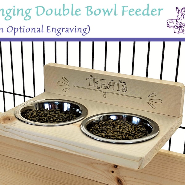 Hanging Double Feeder with Stainless Steel Bowls for Small Pets Kiln Dried Pine