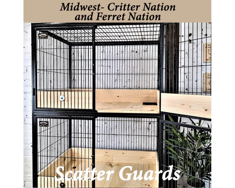 May include: Black metal critter cage with multiple levels and wooden platforms. The cage features a wire mesh design and includes the text "Midwest- Critter Nation and Ferret Nation" and "Scatter Guards".