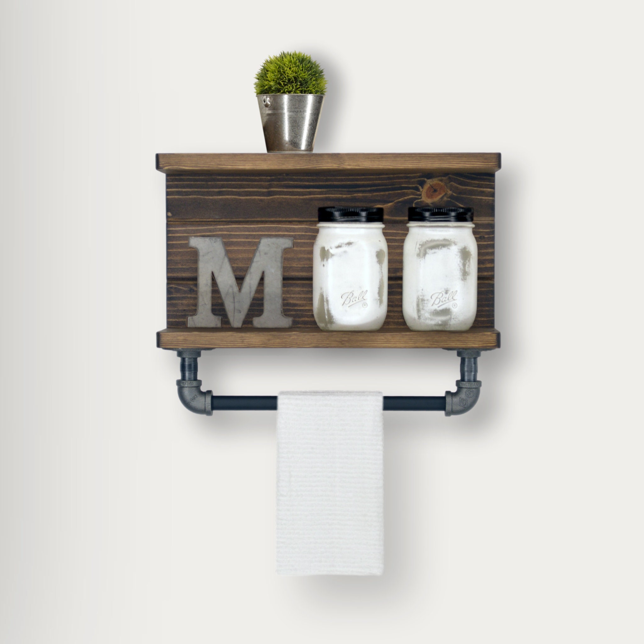 Rústico de dos niveles estante de baño con barra de toallas de | Etsy