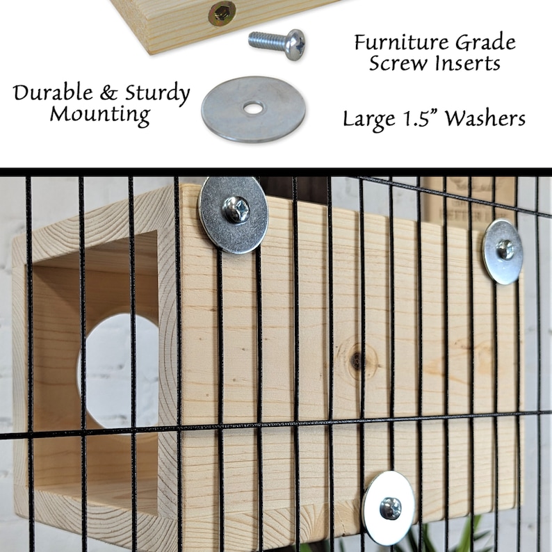 May include: A wooden birdhouse with a round opening, attached to a black wire cage with metal washers and screws. The text "Durable & Sturdy Mounting" and "Furniture Grade Screw Inserts" is visible in the image.  The image also shows "Large 1.5" Washers".