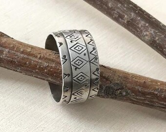 Sterling Silver Patterned Band Ring, Geometric Design