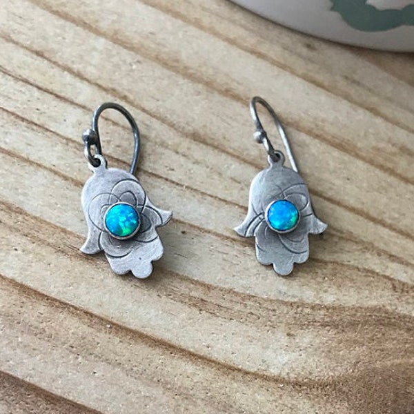 Hamsa Earrings With Opal, Silver Hamsa Earrings, Hand Earrings, Hamsa jewel