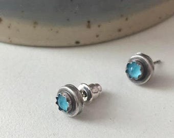 Blue Topaz Sterling Silver Stud Earrings: Oxidized Gemstone Posts