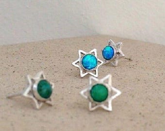 Star Of David Studs, Small Star Stud, Silver David Star, Jewish Earrings , Opal Star Stud Earrings