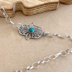 Sterling Silver Hamsa Bracelet , Gems Hamsa Bracelet ,  Eilat Stone Hamsa , Silver Hand  Charm Bracelet ,  Hand Charm