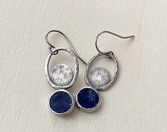 Handmade Sodalite Earrings , Tribal Earrings , Silver Gems Earrings , Blue Sodalite Jewelry