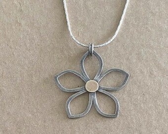 Sterling Silver Flower Pendant, Handmade  Big Flower Necklace,  Two Tone Flower Pendant, Statement Necklace