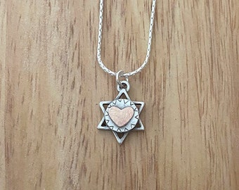 Star Of David With Heart , David Star Necklace , Silver And Goldfilled Pendant ,  Jewelry Love Gift ,  Jewish Star Necklace