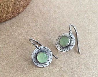 Small Silver Earrings, Textured Earrings, Green Aquamarine, Handmade Drop Earrings, March Birthstone Jewel