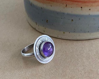 Sterling Silver Amethyst Ring , Natural  Amethyst Ring , Handmade Textured Ring , February Birthstone